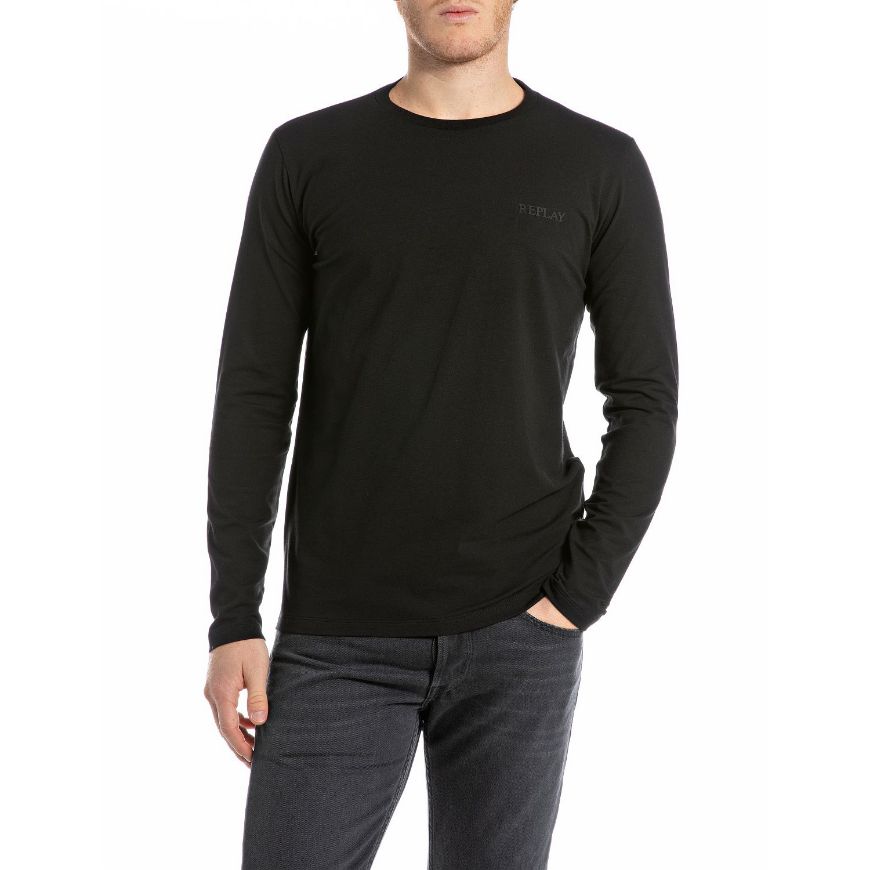 Picture of REPLAY MEN'S LONG-SLEEVE SLIM-FIT STRETCH JERSEY T-SHIRT WITH LOGO IN BLACK