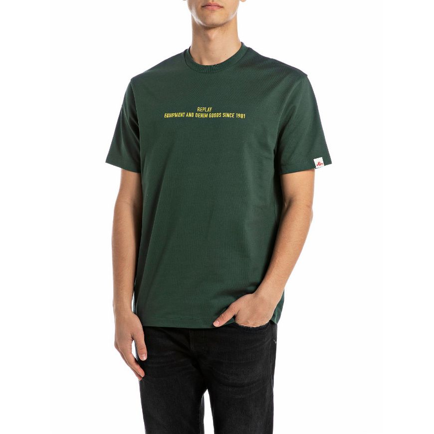 Picture of REPLAY MEN'S RELAXED-FIT COTTON T-SHIRT WITH LETTERING IN BOTTLE GREEN