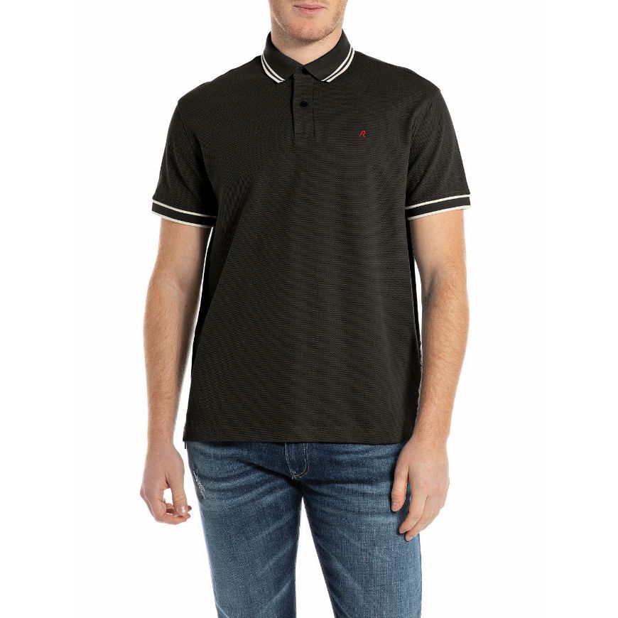 Picture of REPLAY MEN'S PIQUÉ POLO-SHIRT WITH CONTRASTING EDGES IN BLACK