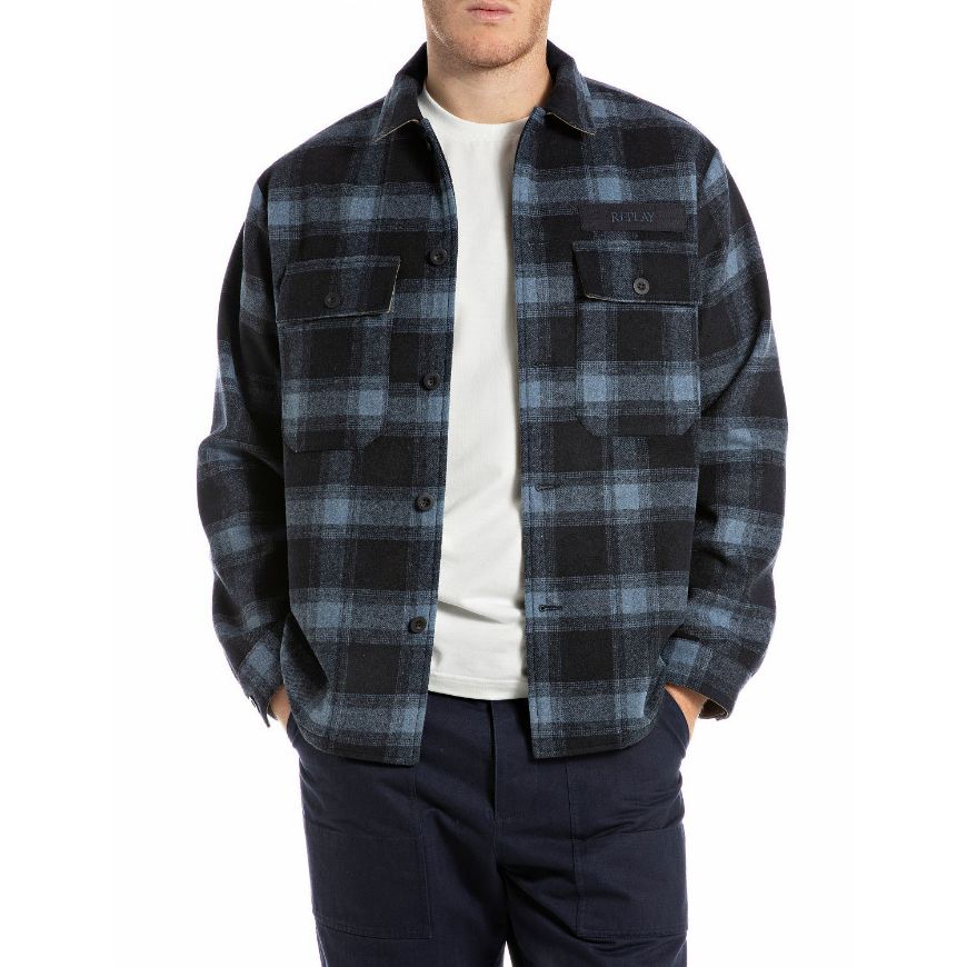 Picture of REPLAY MEN'S CHECKED WOOLEN MELTON SHACKET IN NAVY/LIGHT BLUE