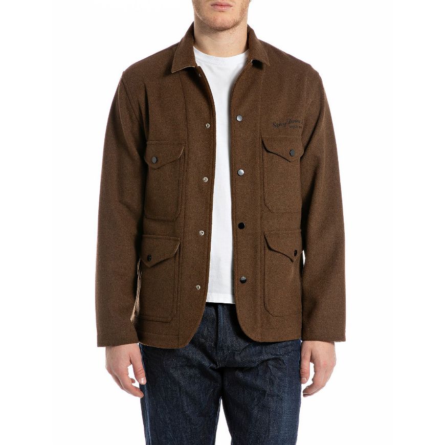 Picture of REPLAY MEN'S WOOLEN MELTON JACKET IN MELANGE BROWN
