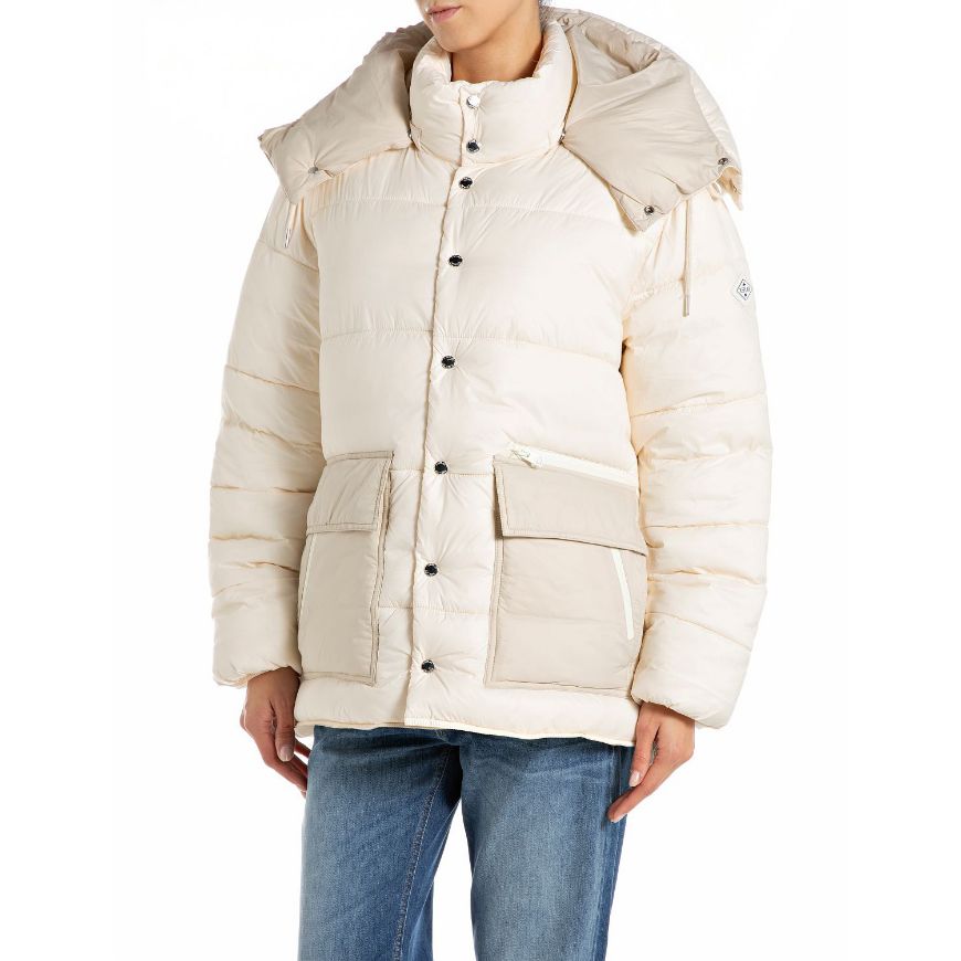 Picture of REPLAY WOMEN'S HOODED RECYCLED NYLON PADDED JACKET IN WINTER WHITE