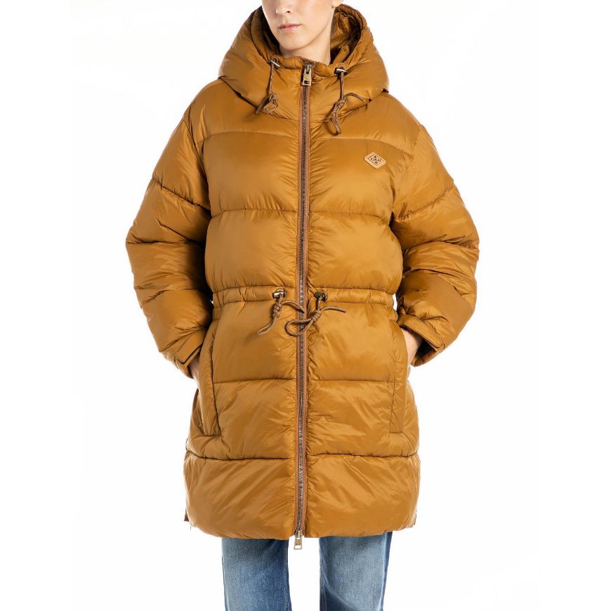 Picture of REPLAY WOMEN'S LONG RECYCLED NYLON PADDED JACKET IN CAMP BRONZE