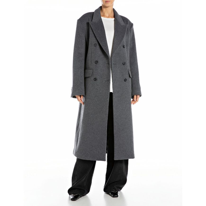 Picture of REPLAY WOMEN'S DOUBLE-BREASTED MELTON COAT IN DARK GRAY MELANGE