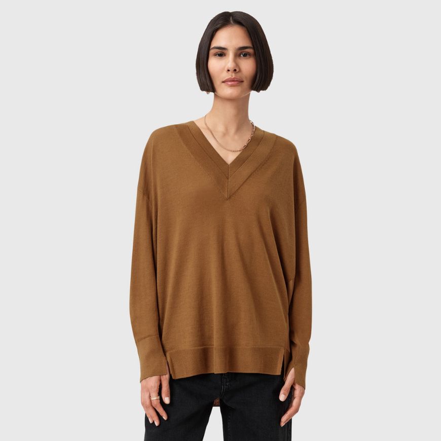 Picture of ALLSAINTS WOMEN'S BERN PANEL V NECK JUMPER IN CARAMEL BROWN