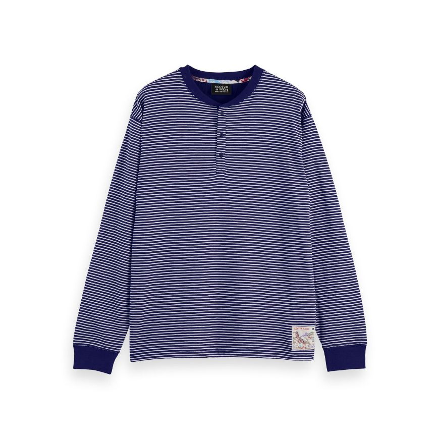 Picture of SCOTCH&SODA MEN'S RELAXED FIT STRIPED HENLEY IN NAVY/WHITE STRIPE