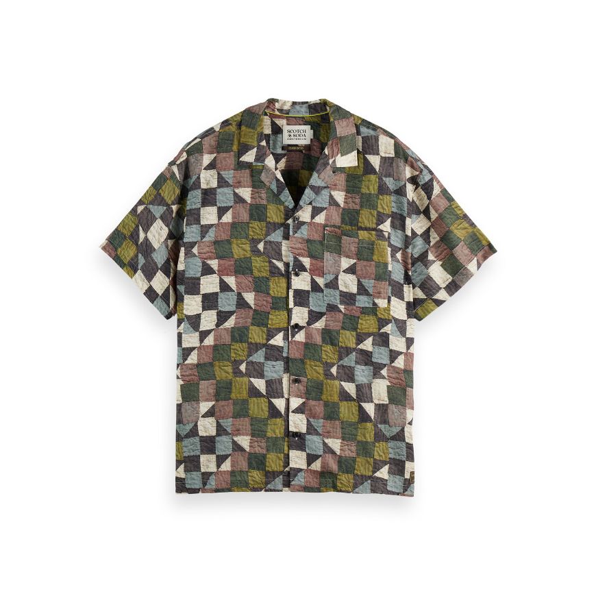 Picture of SCOTCH&SODA MEN'S PRINTED SHORT-SLEEVED TENCEL SHIRT IN GREEN MULTICOLOUR