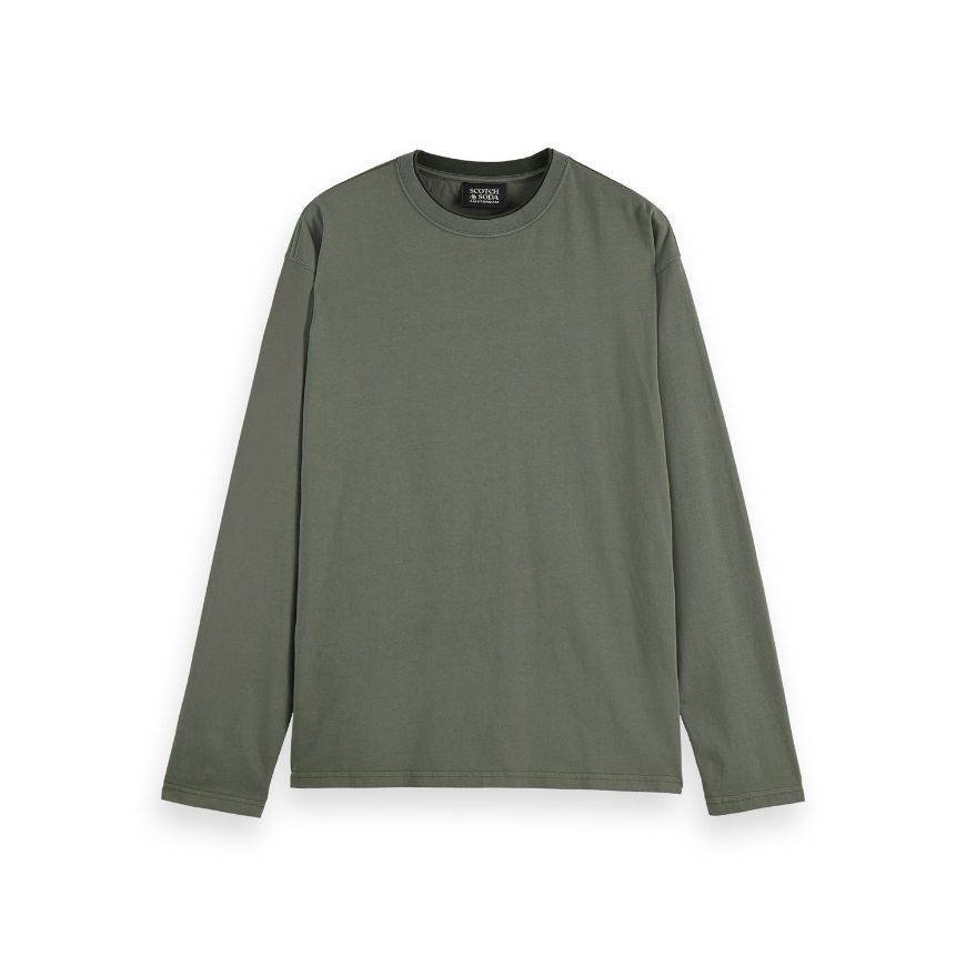 Picture of SCOTCH&SODA MEN'S 3 CROSSES RELAXED FIT GARMENT DYE LONG SLEEVE T-SHIRT IN DARK GREEN