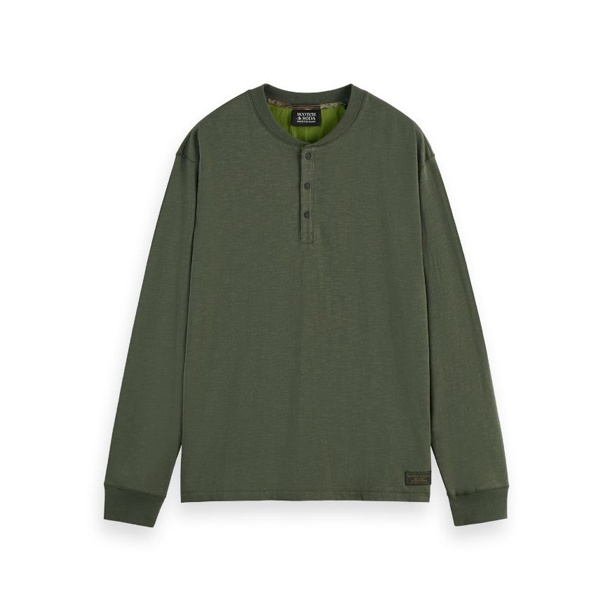 Picture of SCOTCH&SODA MEN'S SLUB HENLEY LONG SLEEVE T-SHIRT IN DARK GREEN