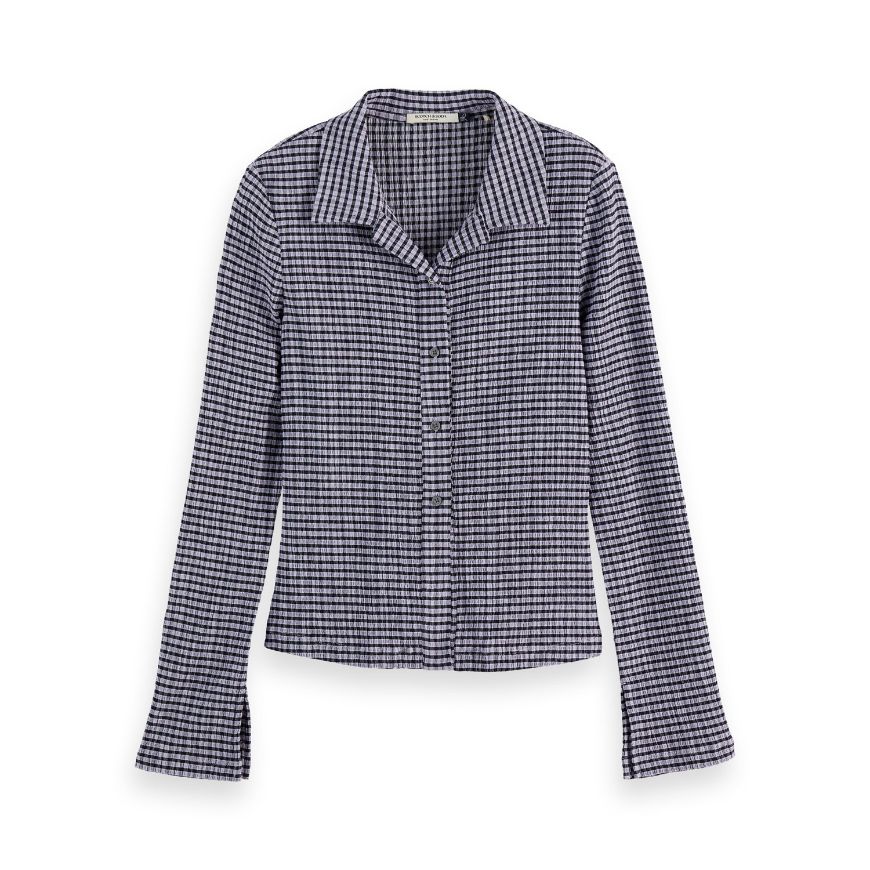 Снимка на SCOTCH&SODA WOMEN'S STRUCTURED GINGHAM BUTTON UP LONG SLEEVE T-SHIRT IN SKY CAPTAIN/ LANGUID LAVENDE