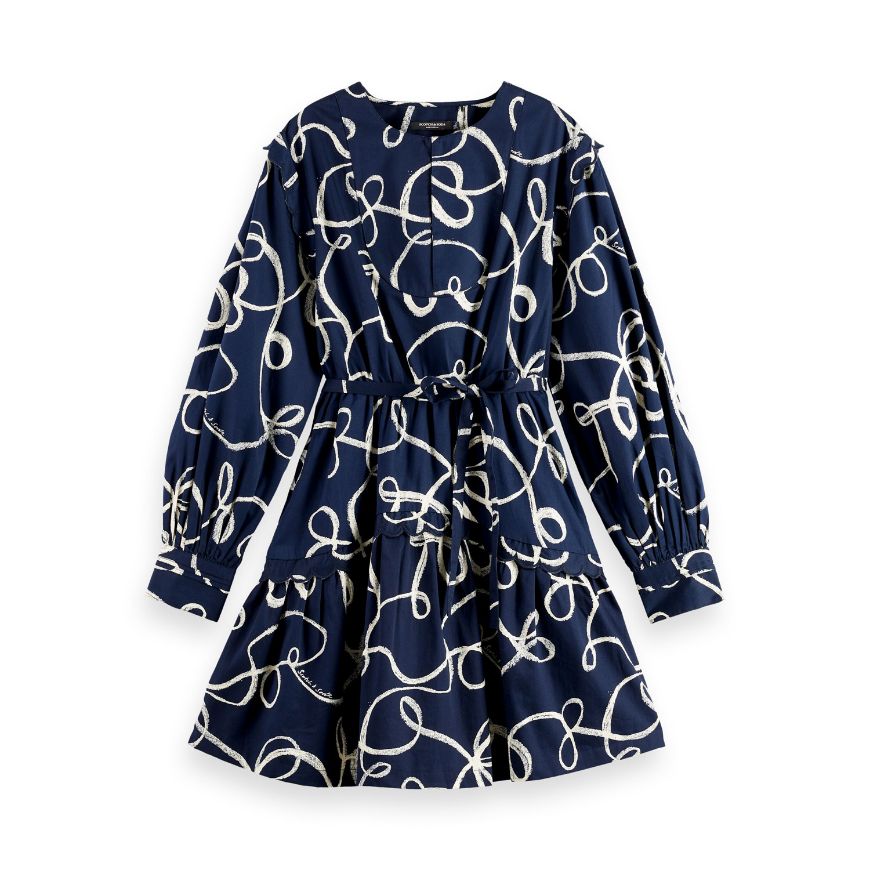 Снимка на SCOTCH&SODA WOMEN'S SCALLOP TRIM LONG SLEEVE MINI DRESS IN RIBBON NAVY AOP
