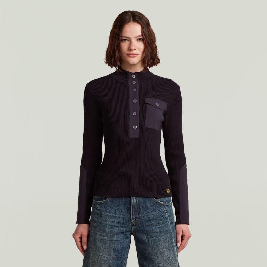 Picture of G-STAR WOMEN'S WOVEN MIX PLACKET SLIM KNITTED SWEATER IN BLACK