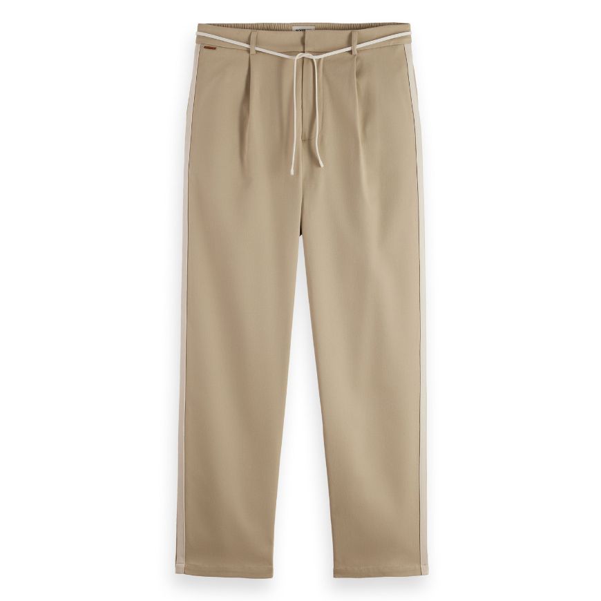 Picture of SCOTCH&SODA MEN'S TAPE-TRIMMED TWILL JERSEY PLEATED RELAXED STRAIGHT JOGGER IN MEDIUM BEIGE