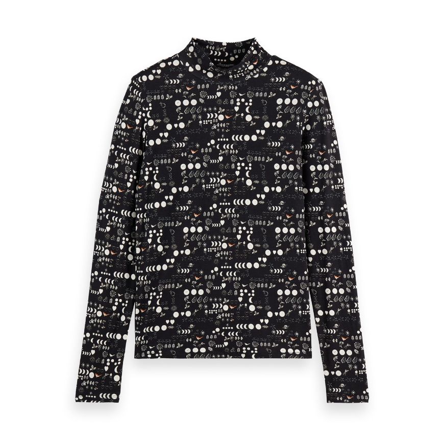 Picture of SCOTCH&SODA WOMEN'S ALL OVER PRINTED MOCK NECK LONG SLEEVE T-SHIRT IN MOON GARDENING