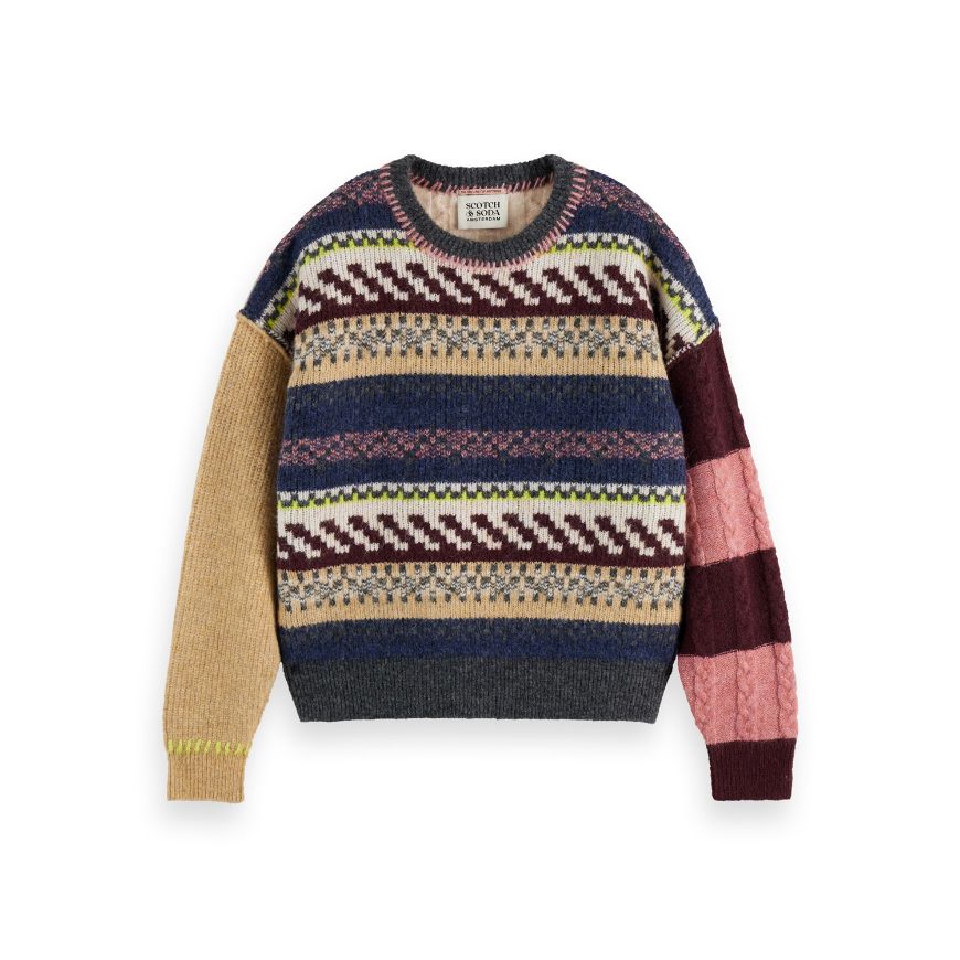 Picture of SCOTCH&SODA WOMEN'S BLOCKED FAIR ISLE PULLOVER IN CHARCOAL FAIR ISLE