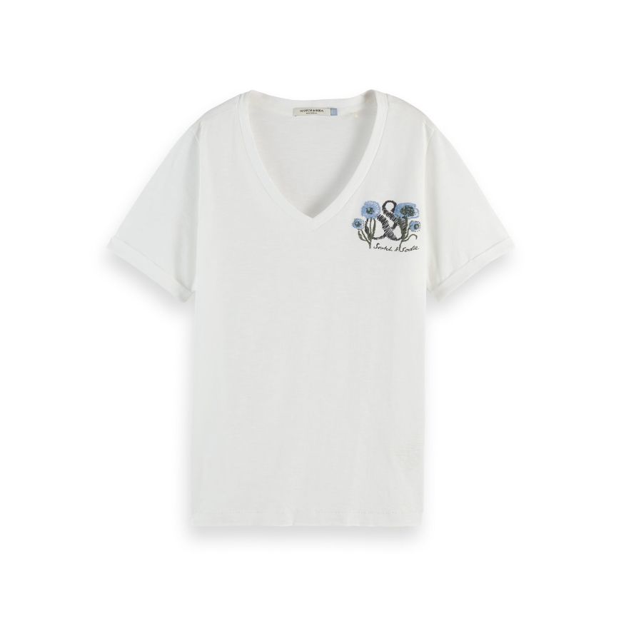 Picture of SCOTCH&SODA WOMEN'S SLUB CHEST ARTWORK T-SHIRT IN BRIGHT WHITE