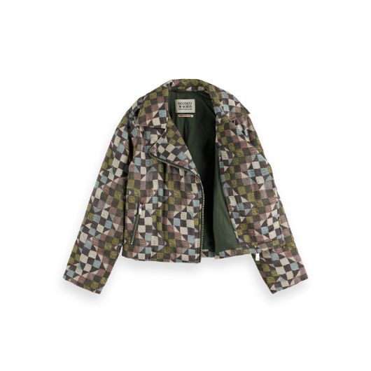 Показвай детайлите за SCOTCH&SODA WOMEN'S QUILTED BIKER JACKET IN MOUNTAINS PATCHWORK 3 - FanPoint Снимка на SCOTCH&SODA WOMEN'S QUILTED BIKER JACKET IN MOUNTAINS PATCHWORK 3