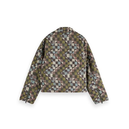 Показвай детайлите за SCOTCH&SODA WOMEN'S QUILTED BIKER JACKET IN MOUNTAINS PATCHWORK 2 - FanPoint Снимка на SCOTCH&SODA WOMEN'S QUILTED BIKER JACKET IN MOUNTAINS PATCHWORK 2