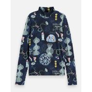 Picture of SCOTCH&SODA WOMEN'S ALL OVER PRINTED MOCK NECK LONG SLEEVE T-SHIRT IN BLACK MOUNTAIN 1