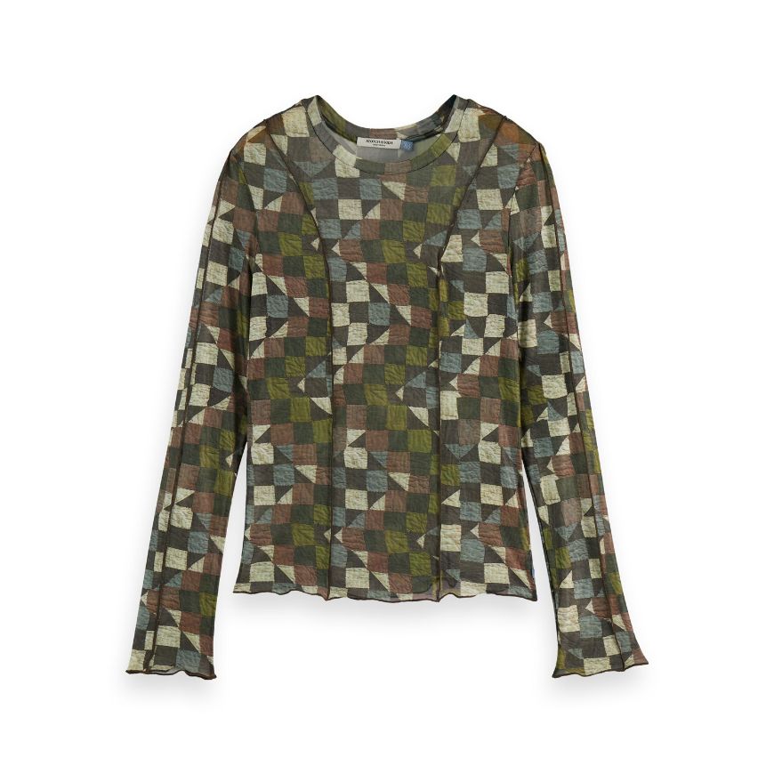 Picture of SCOTCH&SODA WOMEN'S ALL OVER PRINTED MESH LONG SLEEVE T-SHIRT IN MOUNTAIN PATCHWORK