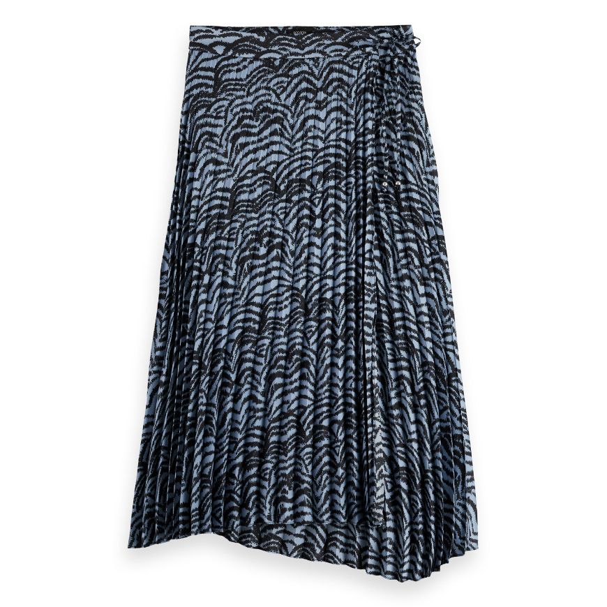 Picture of SCOTCH&SODA WOMEN'S ASYMMETRICAL PLEATED WRAP MIDI SKIRT IN IKAT FEATHER BLUE
