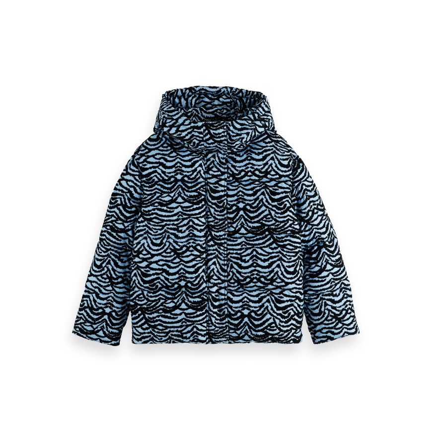 Picture of SCOTCH&SODA WOMEN'S HOODED PUFFER IN IKAT FEATHER BLUE