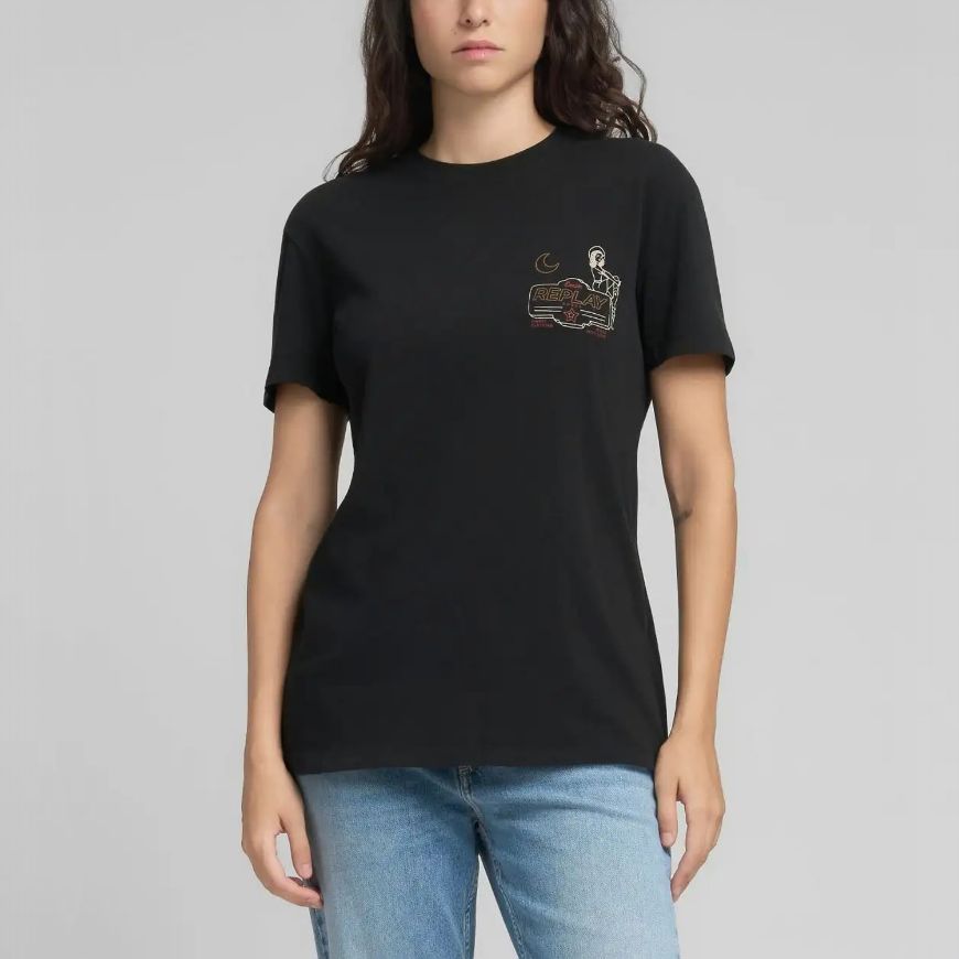 Picture of REPLAY WOMEN'S REGULAR-FIT COTTON T-SHIRT WITH SMALL PRINT IN BLACK