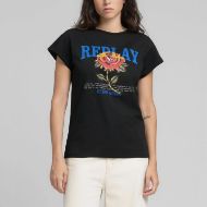 Picture of REPLAY WOMEN'S JERSEY T-SHIRT WITH REPLAY ROSE PRINT IN BLACK 1