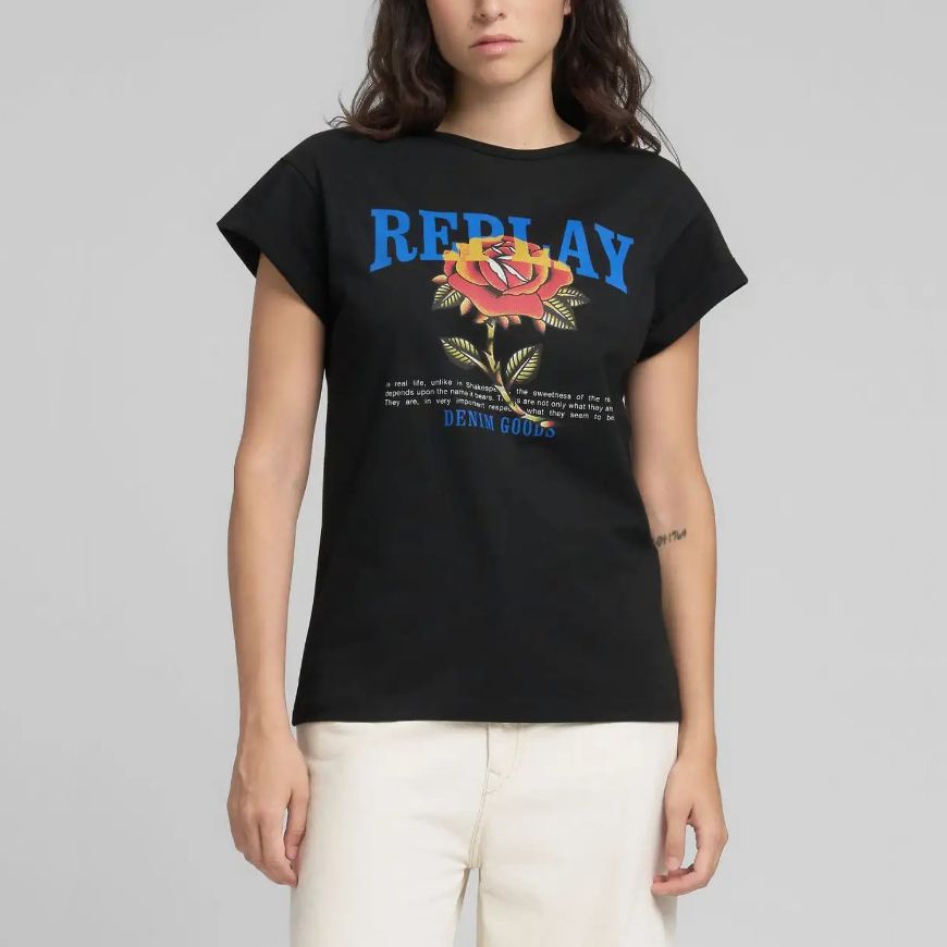 Picture of REPLAY WOMEN'S JERSEY T-SHIRT WITH REPLAY ROSE PRINT IN BLACK