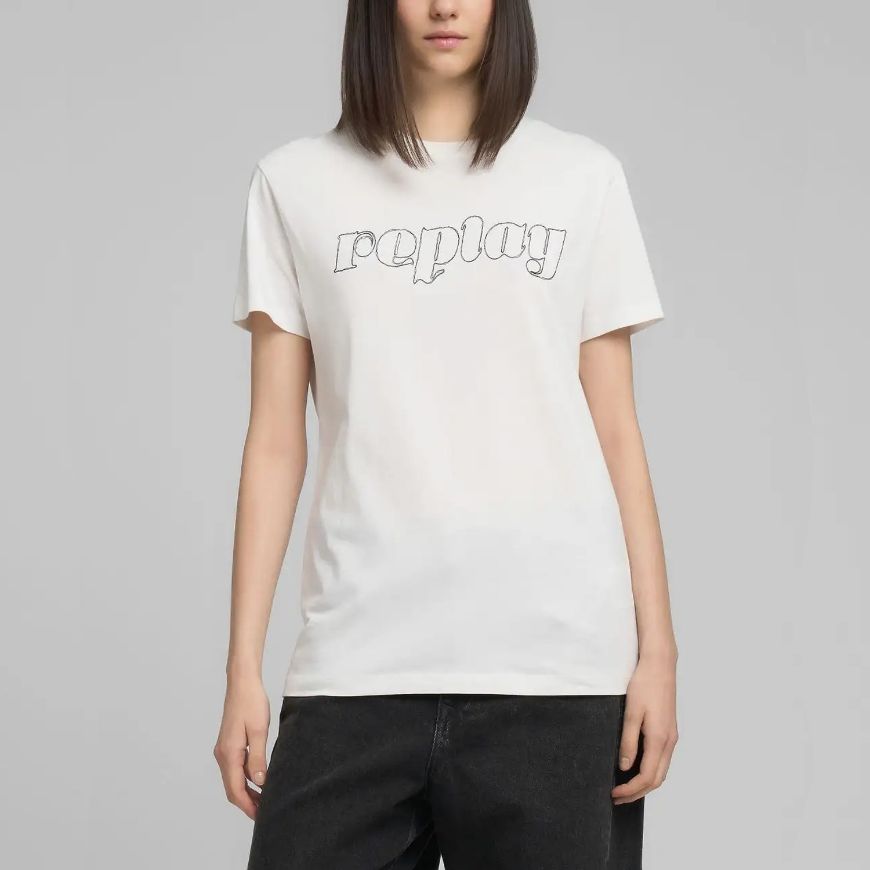 Picture of REPLAY WOMEN'S REGULAR-FIT COTTON T-SHIRT WITH LETTERING IN NATURAL WHITE