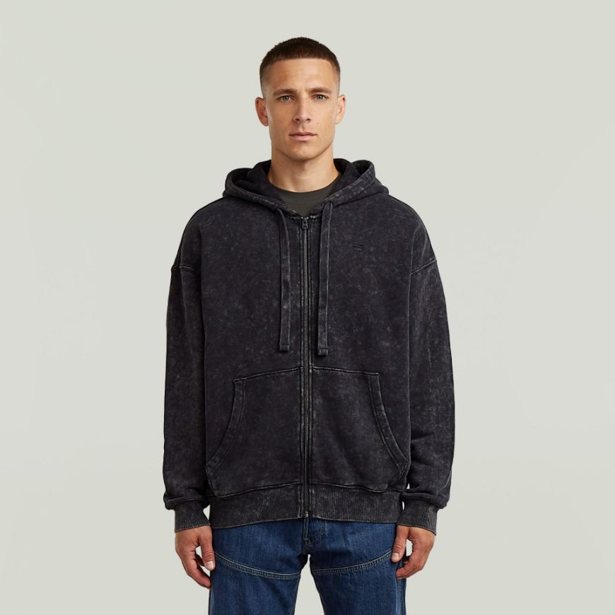 Picture of G-STAR MEN'S WASHED LOOSE FULL ZIP HOODED SWEATER IN BLACK