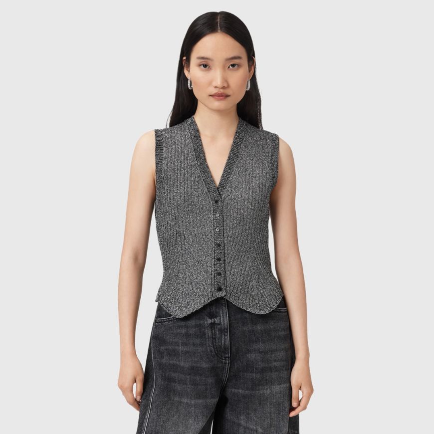 Picture of ALLSAINTS WOMEN'S CRUZ SHINE WAISTCOAT IN METALLIC SILVER