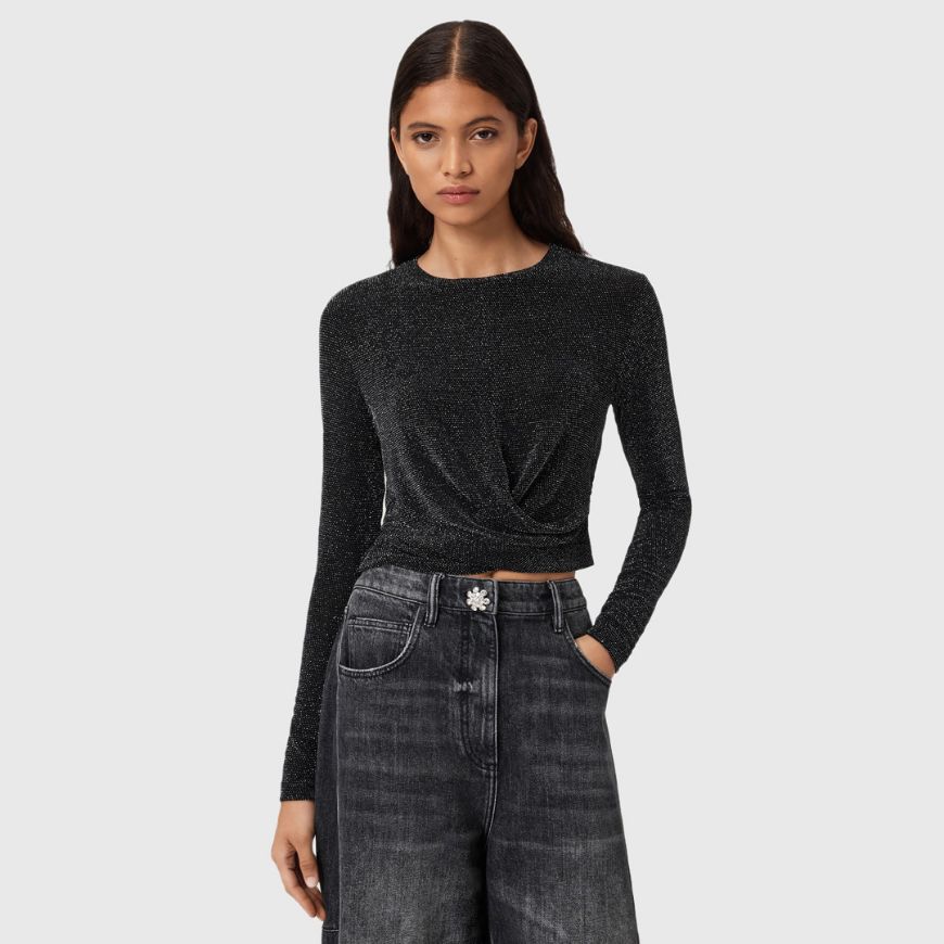 Picture of ALLSAINTS WOMEN'S SKYLAR LONG SLEEVE T-SHIRT IN SILVER/BLACK
