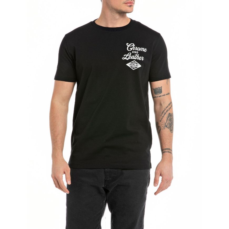 Picture of REPLAY MEN'S JERSEY T-SHIRT WITH MOTORCYCLE PRINT IN BLACK