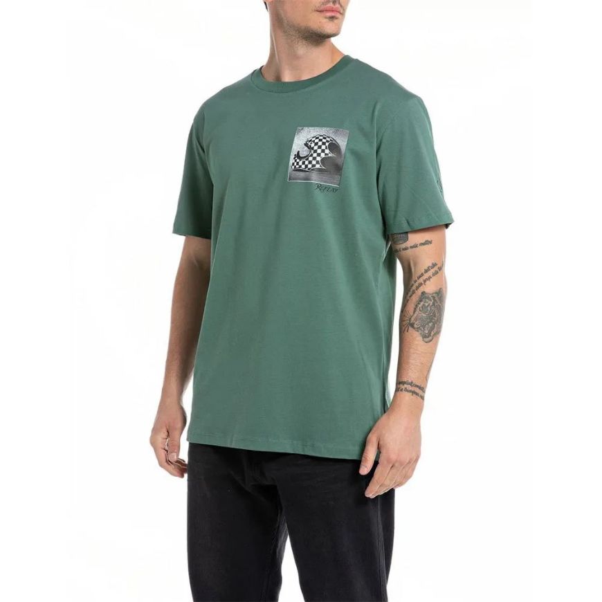 Picture of REPLAY MEN'S T-SHIRT WITH MOTORCYCLES PRINT IN MILITARY