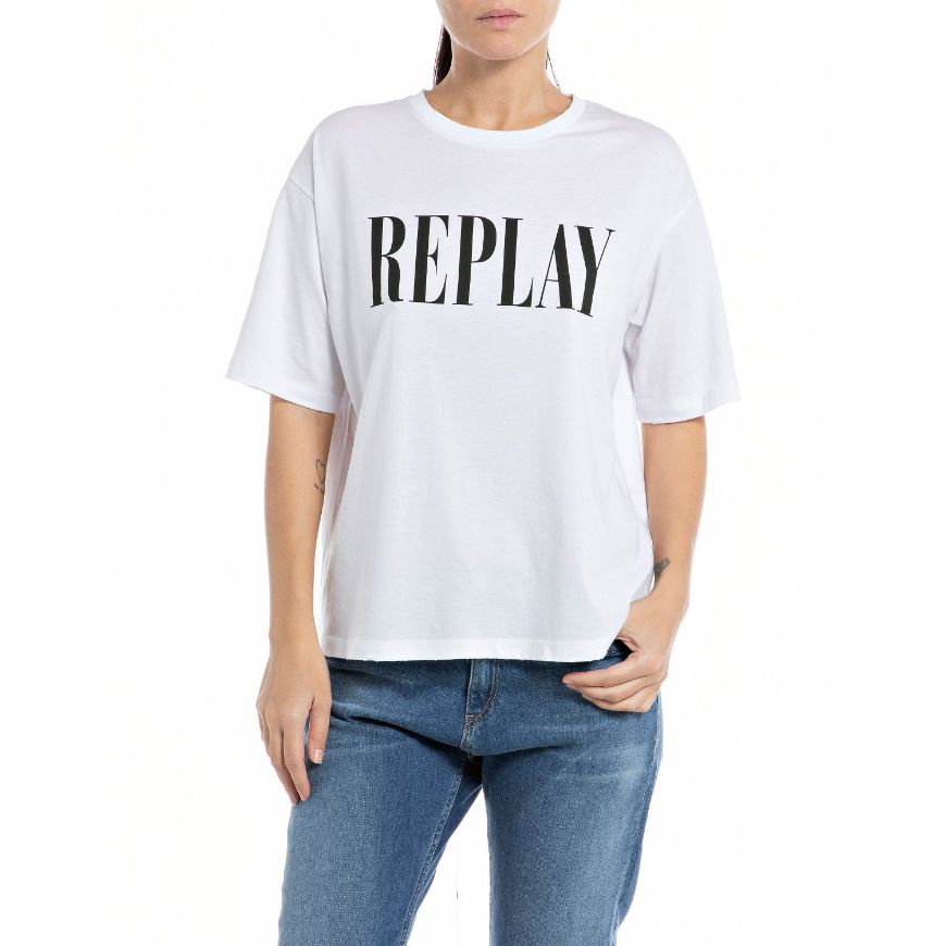 Picture of REPLAY WOMEN'S BOXY FIT T-SHIRT WITH REPLAY PRINT IN WHITE
