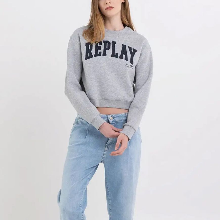Picture of REPLAY WOMEN'S CROPPED SWEATSHIRT WITH APPLIQUE IN GREY MELANGE