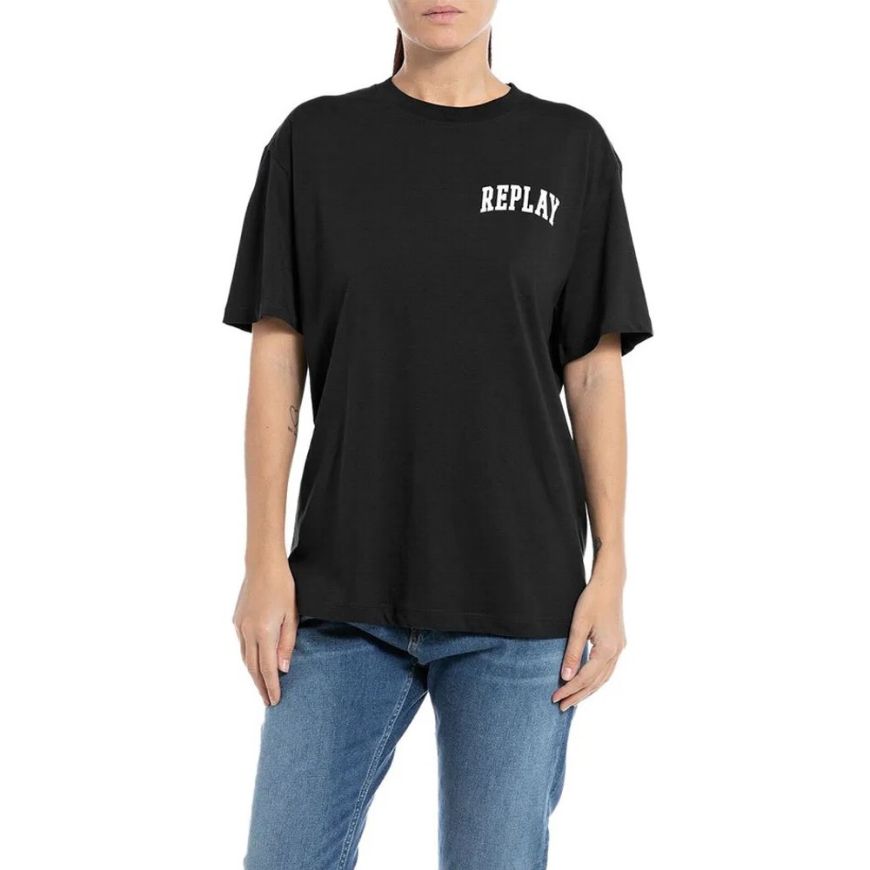 Picture of REPLAY WOMEN'S CREW-NECK T-SHIRT WITH LETTERING IN BLACK