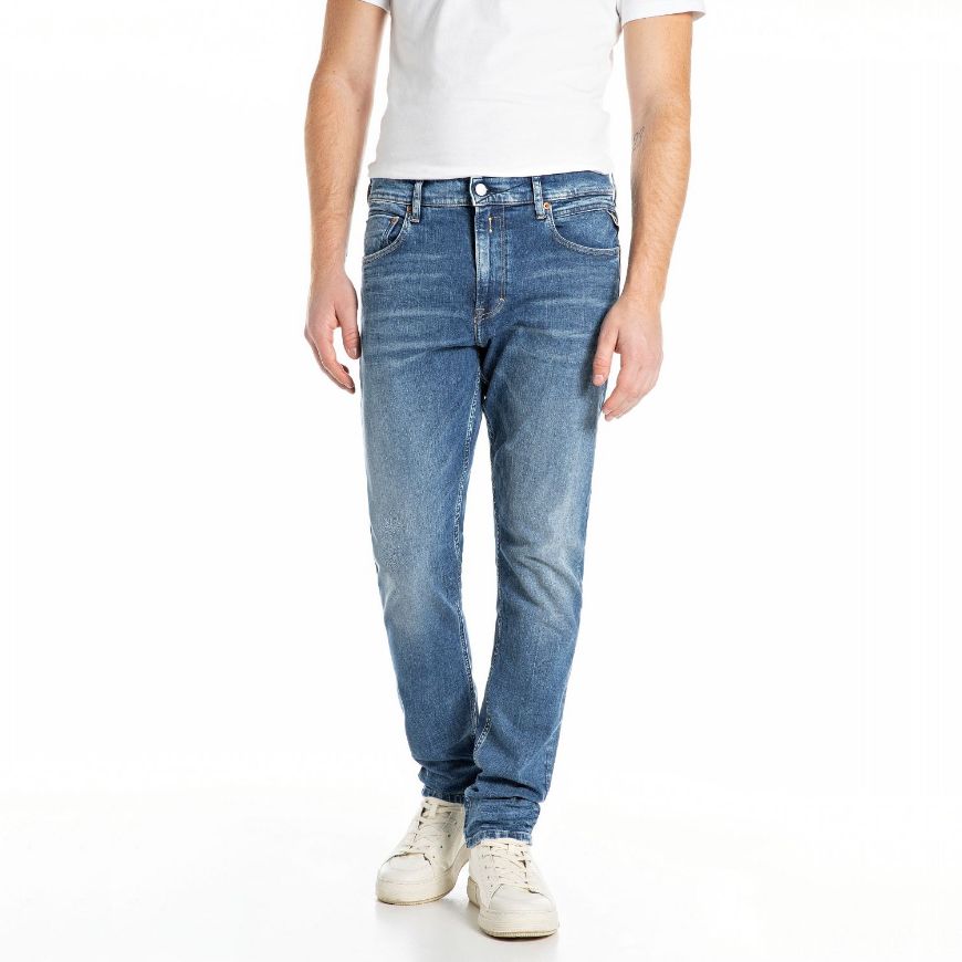 Picture of REPLAY MEN'S MICKYM SLIM-FIT JEANS 10.5 OZ DARK INDIGO SUPER STRETCH DENIM IN MEDIUM BLUE