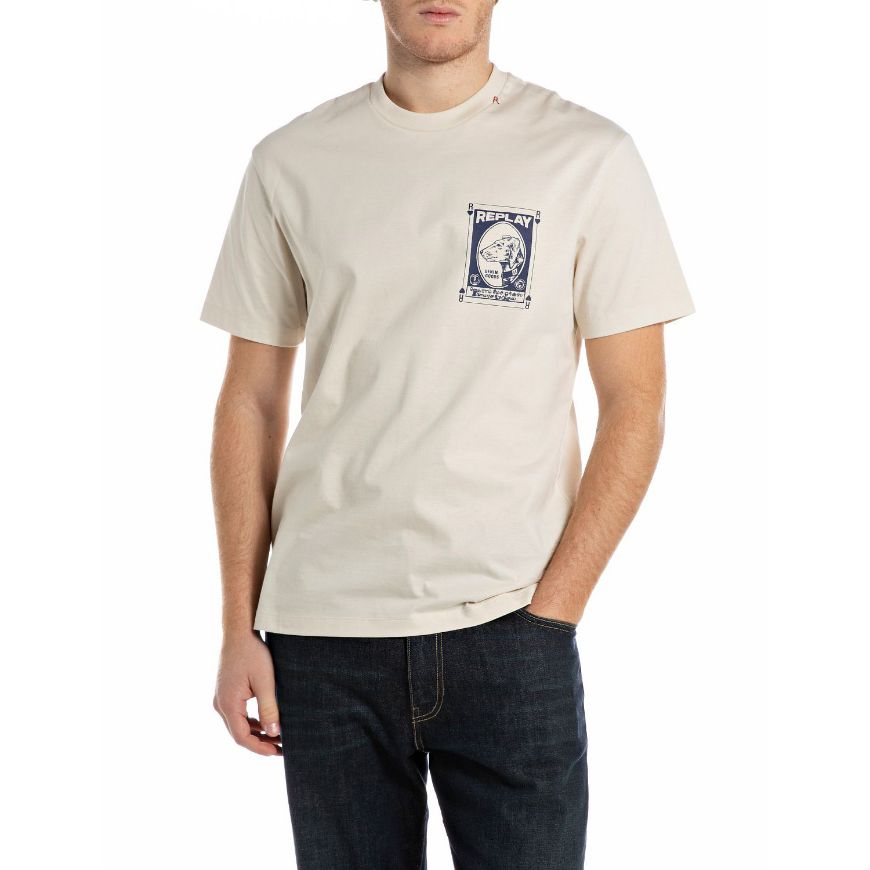 Picture of REPLAY MEN'S COTTON JERSEY T-SHIRT WITH MINI AND MAXI PRINT IN CREAM
