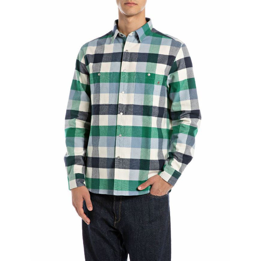 Picture of REPLAY MEN'S CHECKED FLANNEL SHIRT IN DARK BLUE/GREEN/NATURAL WHITE