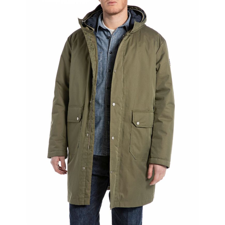 Picture of REPLAY MEN'S LONG TWILL JACKET IN MUD GREEN
