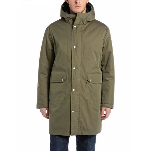 Show details for REPLAY MEN'S LONG TWILL JACKET IN MUD GREEN 2 - FanPoint Picture of REPLAY MEN'S LONG TWILL JACKET IN MUD GREEN 2