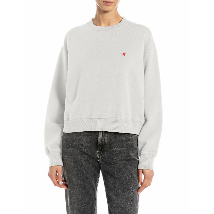 Picture of REPLAY WOMEN'S CROPPED SWEATSHIRT WITH EMBROIDERY IN NATURAL WHITE