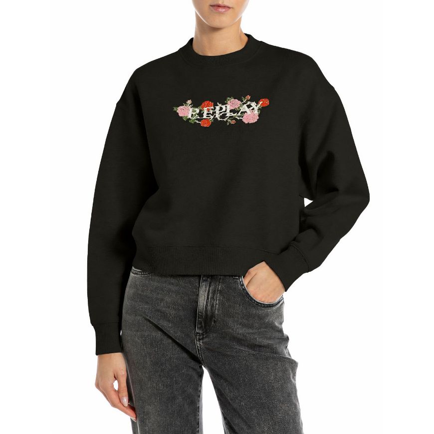 Picture of REPLAY WOMEN'S BOXY-FIT SWEATSHIRT WITH ROSES IN BLACK