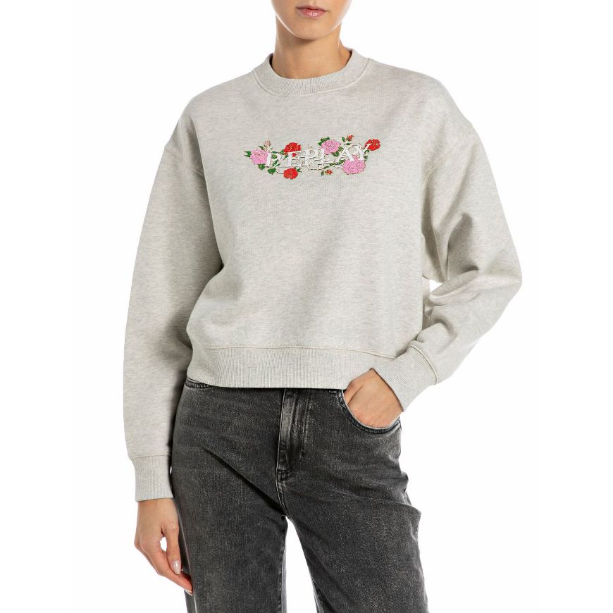 Picture of REPLAY WOMEN'S BOXY-FIT SWEATSHIRT WITH ROSES IN LIGHT GREY MELANGE