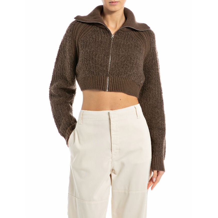 Picture of REPLAY WOMEN'S WOOL BLEND CARDIGAN WITH SHERPA EFFECT IN WOOD