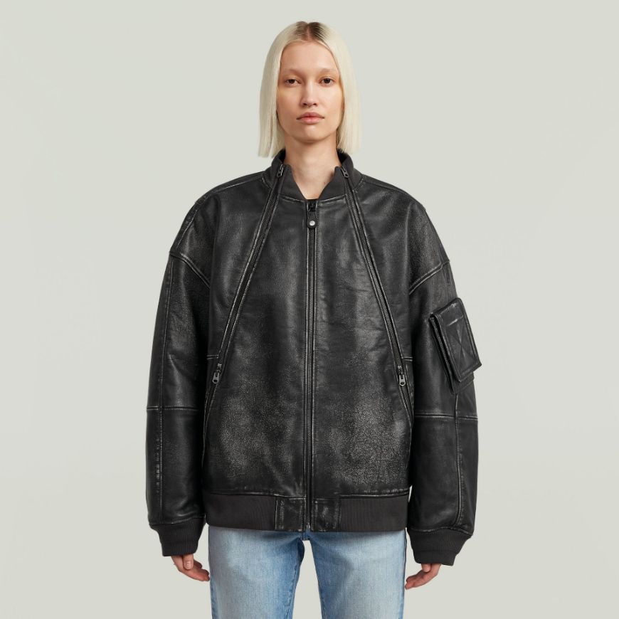 Picture of G-STAR WOMEN'S LEATHER MACRO BALLOON BOMBER JACKET IN GREY