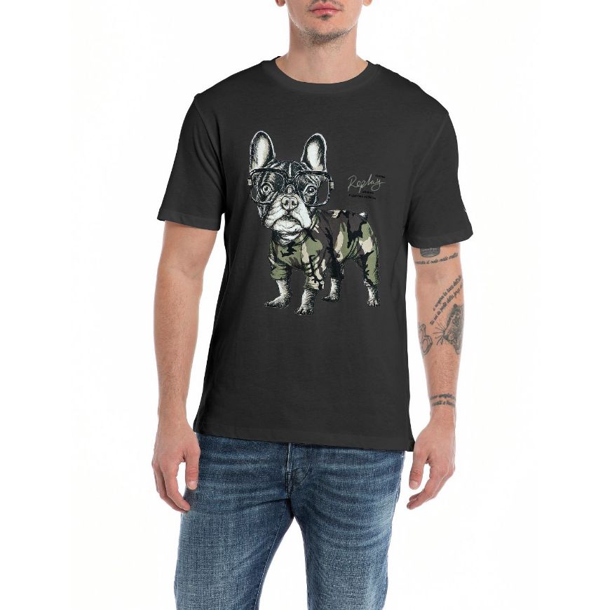 Picture of REPLAY MEN'S JERSEY T-SHIRT WITH DOG PRINT IN BLACK