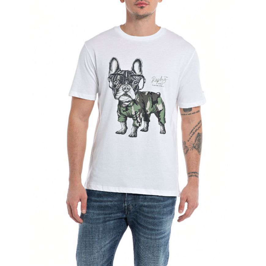 Picture of REPLAY MEN'S JERSEY T-SHIRT WITH DOG PRINT IN WHITE